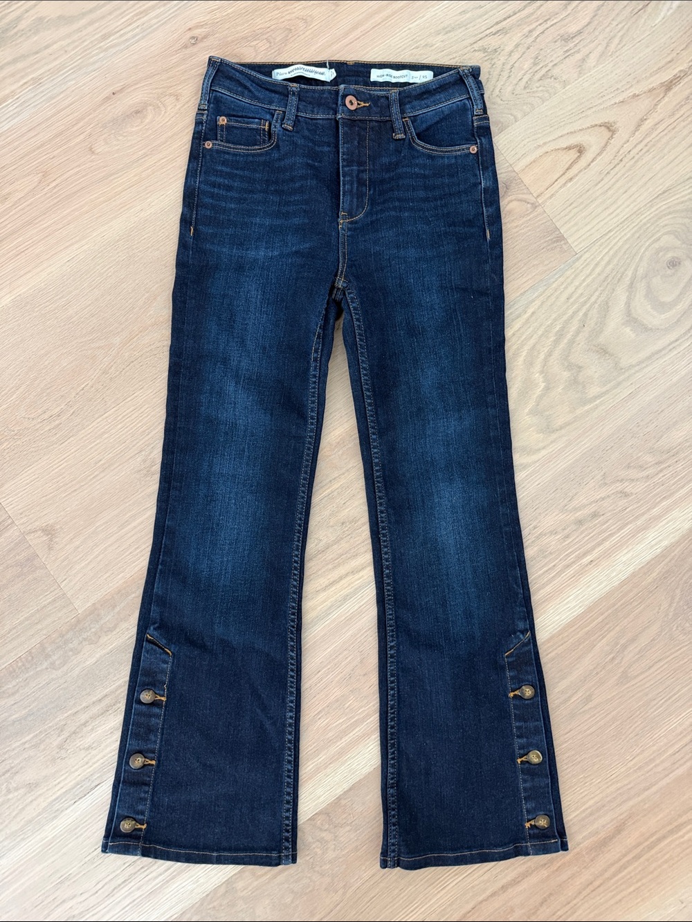 PILCRO Letterpress Anthropologie High-Rise Bootcut Jeans Button Hem Blue 25